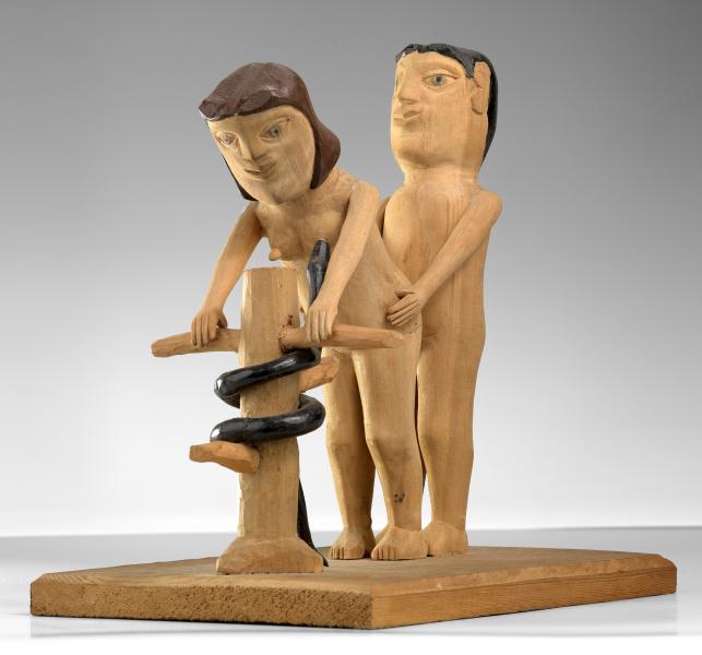 Edgar Tolson, Adam and Eve, 1979, carved and painted wood and pencil, Smithsonian American Art Museum, Gift of Herbert Waide Hemphill, Jr. and museum purchase made possible by Ralph Cross Johnson, 