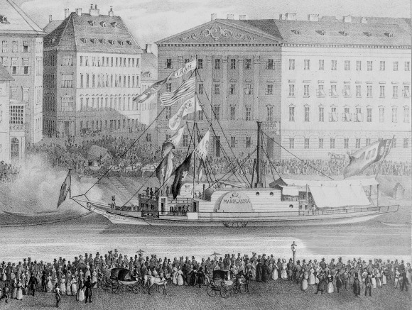 A "Kaiserin Maria Anna" gőzhajó első útja a Duna-csatornában, Bécsből Linzbe (1837. szeptember 12-én).